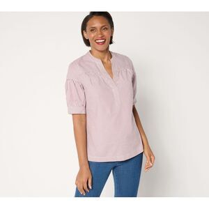 Maya J Women's Top Sz L Denim & Co. Poplin Yarn-Dye Elbow-Sleeve Pink A677653